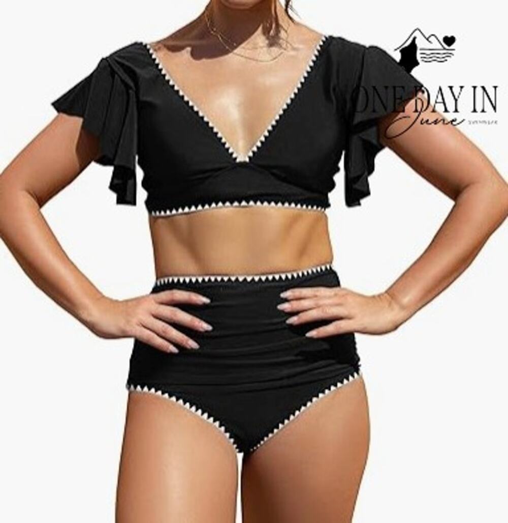 Sporlike Ruffle Shoulder Tie Back High Waist Bikini Swimsuit Black NWT Size M
